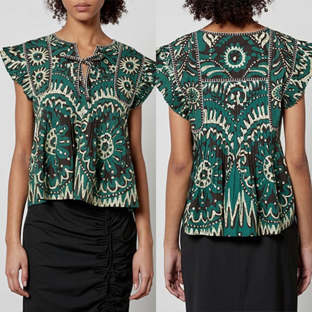 NEW Sea New York Charlough Cotton Split Neck Flutter Sleeves Top in Green/Black